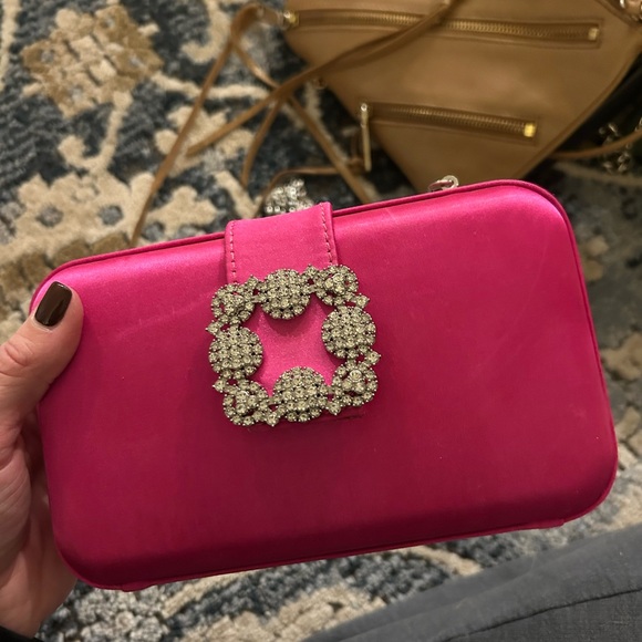 Handbags - Elegant Pink Clutch with Crystal Embellishment and silver chain